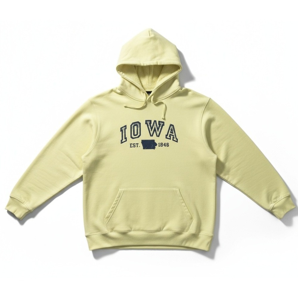 Basix of America Iowa Hoodie‎ Sweatshirt Pale Yellow Pullover Large Athleisure